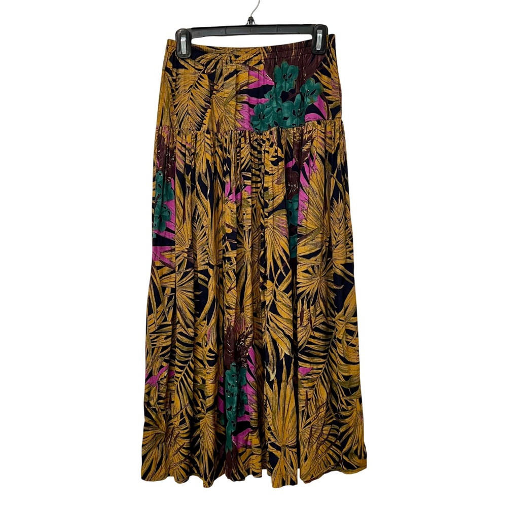 Karen Kane Vintage Tropical Palm Floral Maxi Skirt Mustard Yellow 8 Made in USA